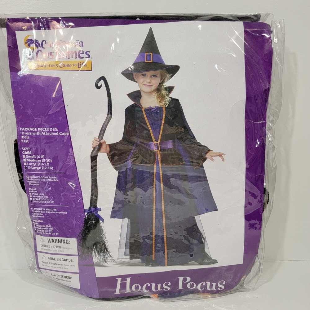California Costumes Hocus Pocus Witch Kids XL 12-14 Black Purple Dress Hat Set